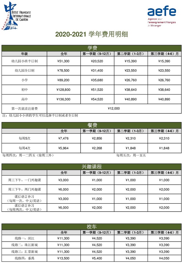廣州法國國際學(xué)校2020-2021學(xué)年學(xué)費(fèi)費(fèi)用多少